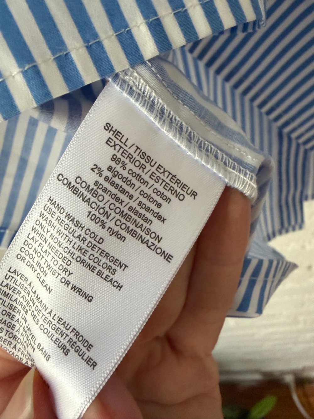 HALSTON Blue & White Striped Puff Sleeve Blouse with Lace Trim & Pearl Buttons - Picture 5 of 6